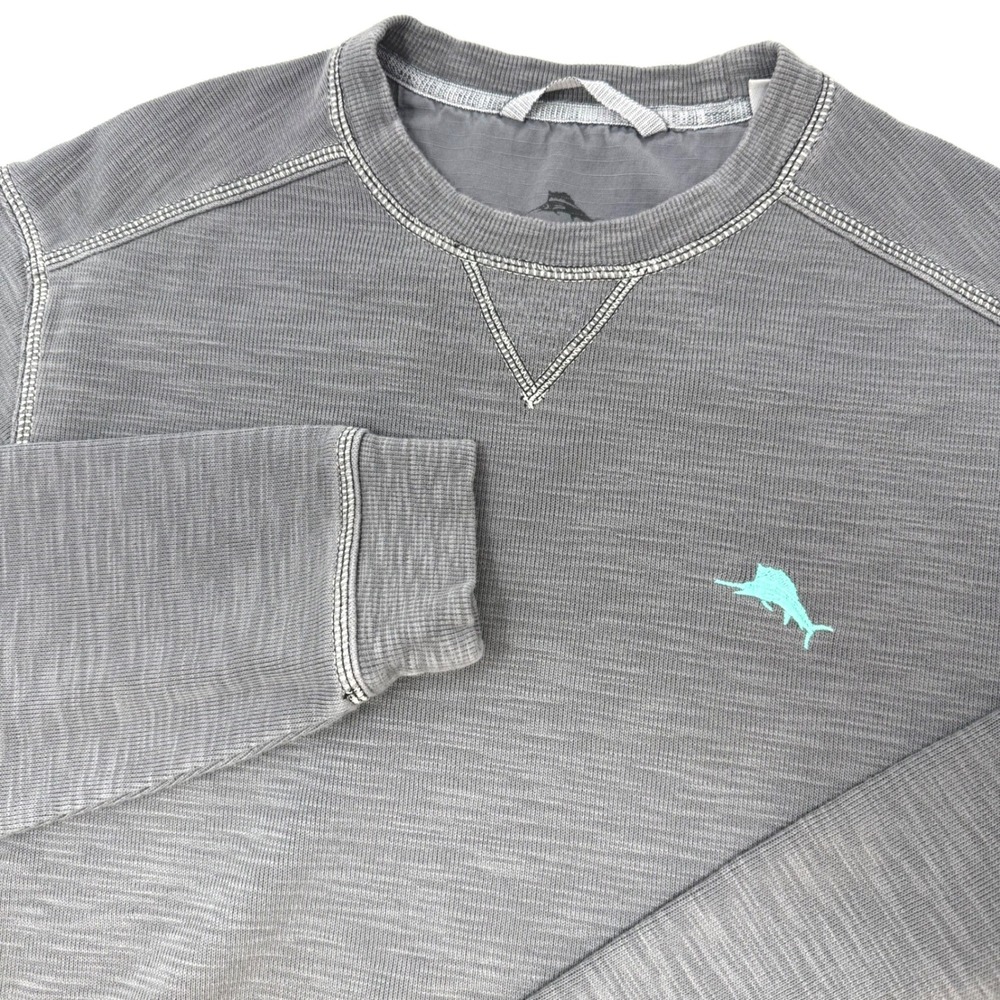 Tommy Bahama Mens Small Gray‎ Slub Knit Pullover Crewneck Sweatshirt Marlin Logo